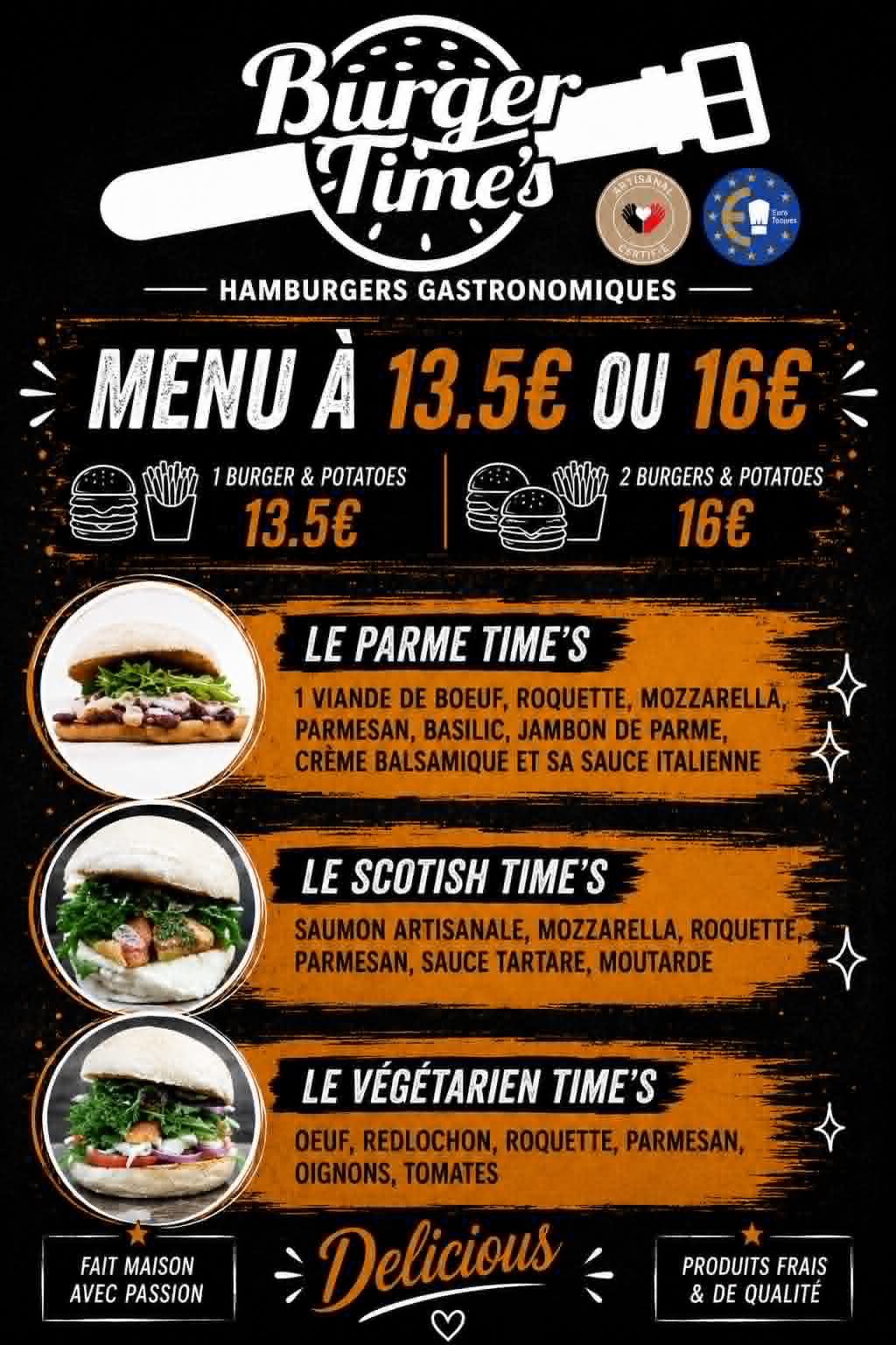 Affiche des formules d'événement Burgertimes (menu à 13,50 € ou 16 €) — visuel 2