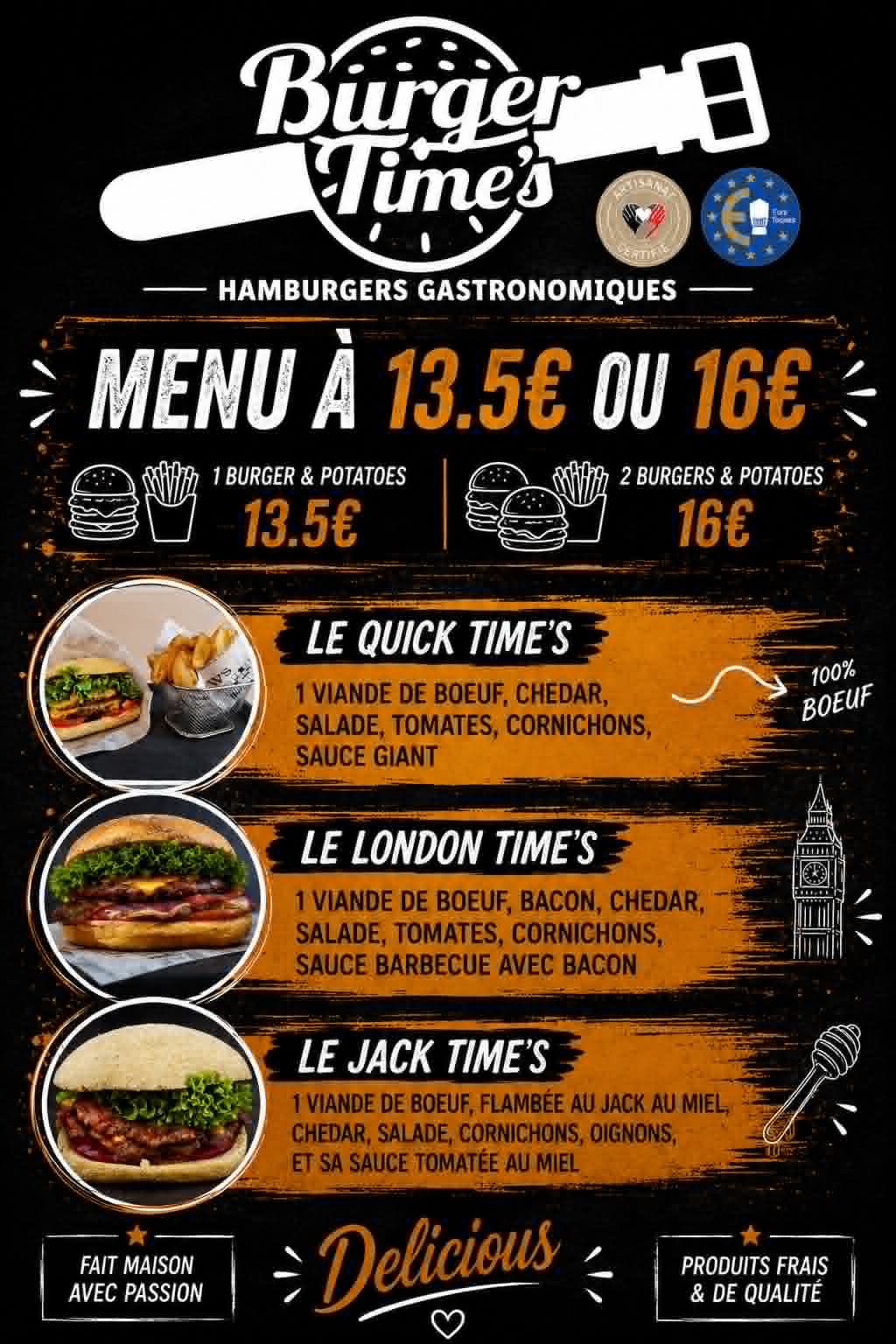 Affiche des formules d'événement Burgertimes (menu à 13,50 € ou 16 €) — visuel 1